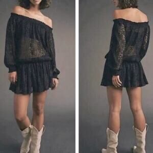 NWT Free People Carina Meadow black lace blouson mini dress with bandeau top, S
